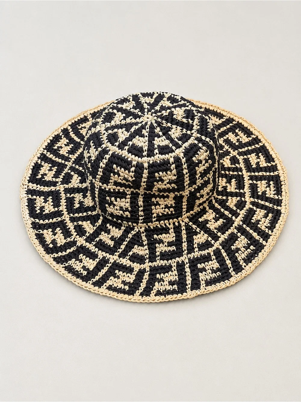 Fendi Brown & Natural Crochet Wide Brim Hat
